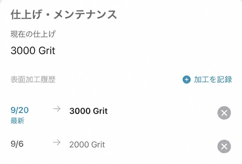 PHAZE IIの加工記録例:9/6に2000番、9/20に3000番。現在は3000番。